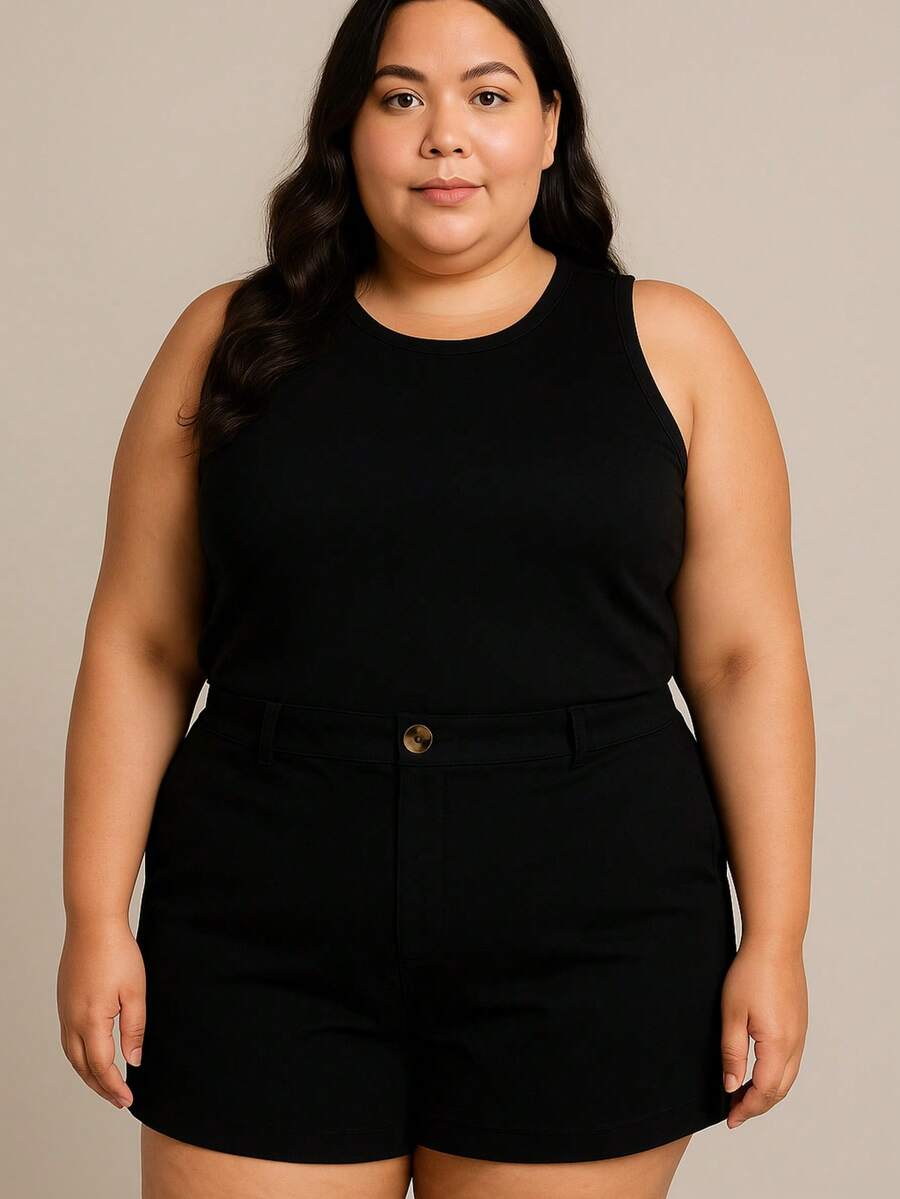 BrasOutlet Elegant Plus Size Women's Linen Shorts With Pockets, Casual Chic, Sizes G1 And G2 - 黑色 - 查看 1