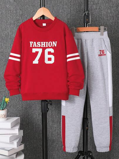 2 pezzi/set Felpa girocollo a maniche lunghe con stampa Fashion76 e pantaloni lunghi con patchwork, outfit sportivo casual, moda e personalizzato, adatto per attività all'aperto, 7-11 anni