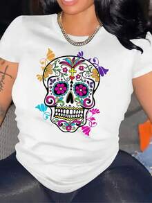 Mujer Camiseta de mujer México Envío Tela transpirable de alta calidad  Estampado de  Lavado a máquina Fresco Deportes Cuello redondo Casual Manga corta Versátil Nueva Era  Lavable a máquina, top casual de cuello redondo de deportes de trabajo estudiantil, moda cómoda y moderna |vestidos de mujer verano almacen localCamisa de manga corta para mujer con diseño de calavera decorativa y flores multicolores - Blanco - Ver 1