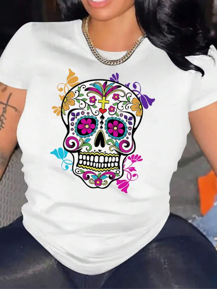 Mujer Camiseta de mujer México Envío Tela transpirable de alta calidad Estampado de Lavado a máquina Fresco Deportes Cuello redondo Casual Manga corta Versátil Nueva Era Lavable a máquina, top casual de cuello redondo de deportes de trabajo estudiantil, moda cómoda y moderna |vestidos de mujer verano almacen localCamisa de manga corta para mujer con diseño de calavera decorativa y flores multicolores - Blanco - Ver 1