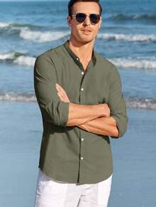 Runcati Men Linen Shirt Button Down Long Sleeve Cotton Beach Band Collar Casual Summer Shirts - 軍綠色 - 查看 3