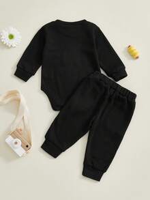 Newborn Baby Boys Outfit Waffle Knit Long Sleeve Mama's Boy Embroidery Sweatshirt Top Pants Set Infant Bodysuit Fall Winter Clothes - 黑色 - 查看 7