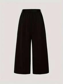 女士褶裥阔腿弹力腰休闲抽绳七分裤 - 黑色 - 查看 5