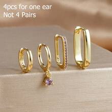 Bộ 4 khuyên tai tròn vuông màu vàng mới cho một bên tai dành cho nữ, khuyên tai xỏ khuyên kiểu Punk Rock tối giản, mạ vàng 18K - Bộ bông tai 4 chiếc - Xem 4