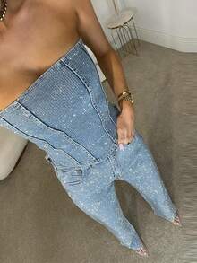 Sequin Denim Tube Crop Top Pants Set Women Sexy Solid Sleeveless Vest High Waist Zipper Jeans Fashion Street Ladies Outfits - 藍色 - 查看 4