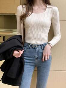 女式针织修身套头衫，长袖打底衫，秋冬季