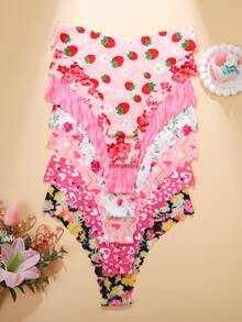 7pcs/Pack - Women's Wavy Trim Sexy & Comfortable Floral Print Seamless Triangle Panties, Pink & Red Shades
