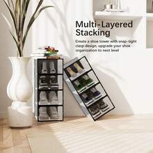 12Pcs Transparent Plastic Shoe Storage Box Organizer | Stackable, Shoe Boxes Clear Plastic Stackable Shoe Storage Boxes For Size 12 - Black-12Pcs - 查看 3
