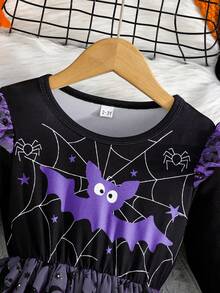 Halloween Costume Girls Bat Print Dress, Holiday Party Outfit Colorful Asymmetrical Mesh Dress For Girls - Purple - View 4