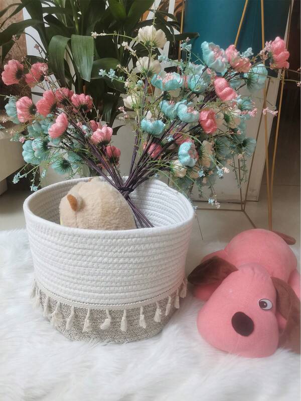 1 pieza/2 piezas Cesta de almacenamiento con borlas tejidas, cesta de almacenamiento para decoración de escritorio, caja de almacenamiento tejida, cesta organizadora para juguetes, cosméticos, dormitorio, baño