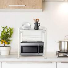 Soporte para microondas con ganchos, estante para microondas, diseño de dos niveles, fabricado en acero al carbono reforzado, antideslizante, antivuelco, extensible, regulable en altura, blanco/negro