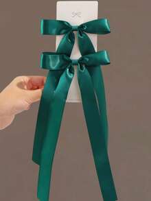 2pcs Girls' Simple Fashion Cute Daily Versatile Satin Ribbon Bow Hair Clips, Multi-Size - Dark Green - View 8