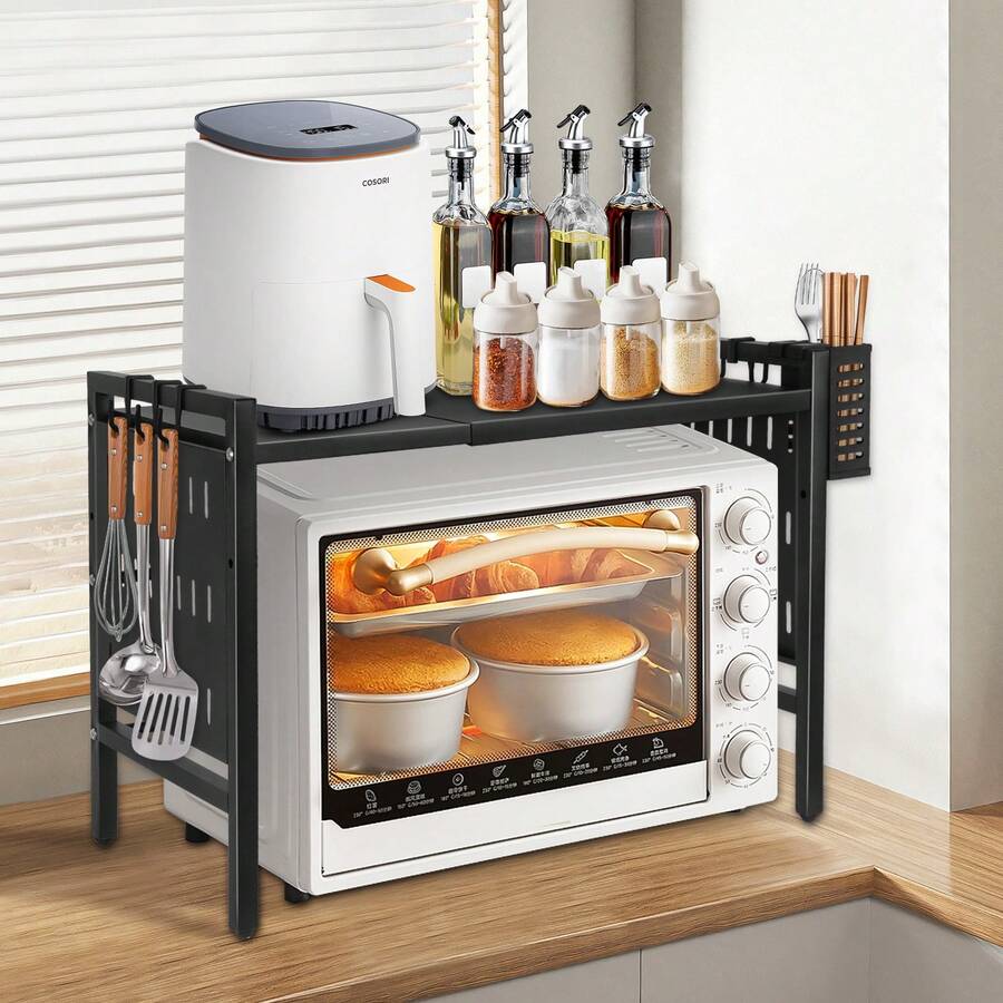 Soporte extensible para microondas con cesta de almacenamiento, multifuncional, extensible, rejilla para horno, estante de cocina de 2 niveles, acero al carbono, negro/blanco - Negro - Ver 1