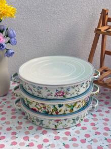 1 Set Enamel Shallow Dish With Plastic Lid, Can Be Used As Plate, Food Storage Tray, Baking Tray, Available In Multiple Colors, Ideal Gift For Elders - Multicolor - View 6