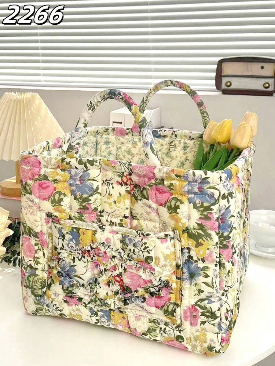 Panier de rangement matelassé à imprimé floral, panier à linge, grande capacité, portable, pliable, panier à goûter, grand panier carré, doux, rustique, chic, pour vêtements sales, essentiels du quotidien pour femmes et filles, panier de rangement pour cosmétiques, jouets, produits de soins de la peau, rangement de maquillage pour femmes, panier de rangement multifonctionnel, organisateur de cosmétiques, décoration d'intérieur, salon, chambre à coucher, salle de bain, convient pour toutes les saisons - Multicolore - Voir 1
