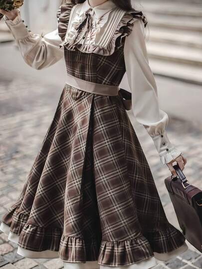 1件套女仆装，复古法式娃娃裙洛丽塔裙，适合毕业照、花园约会、浪漫晚餐、夜店、化装舞会、情人节等场合。