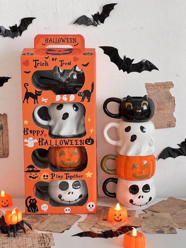 万圣节主题陶瓷杯，适合家庭或办公室使用，下午茶杯，咖啡杯，这款杯子为任何厨房或餐厅增添乐趣和节日气氛，是万圣节装饰的理想选择