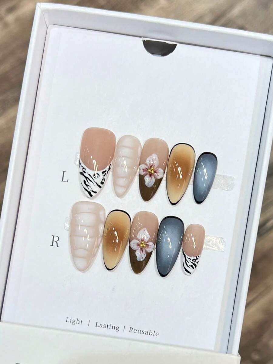 10 piezas/paquete, uñas largas y delgadas con punta estilo europeo y americano, uñas postizas con diseño de talla floral tropical 3D, patrón hexagonal degradado pintado a mano, uñas elegantes y lujosas hechas a mano, adecuadas para mujeres y niñas, estilo Y2K y Insta, arte de uñas elegante y lujoso, adecuado para mujeres y niñas, suministros de uñas