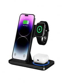 SUONEE 3-in-1 faltbare kabellose Ladestation, Ladegerät-Ständer mit LED-Nachtlicht, kompatibel mit iPhone 16/15/14/13/12/11/Pro/Max/Mini/8/Plus/X/XR/XS/SE, kompatibel mit Apple Watch Ultra/9/8/7/6/5/4/3/2/1/SE, kompatibel mit 3/2/Pro, für Büro, Wohnheim, Zuhause, kabelloses Ladegerät, Handyladegerät