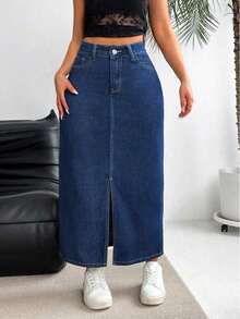 2025 falda de Mezclila suelta y delgada con caderas a, tenedor abierto, falda vaquero casual de media y larga duración, mujer de 4 colores - Azul Marino - Ver 4
