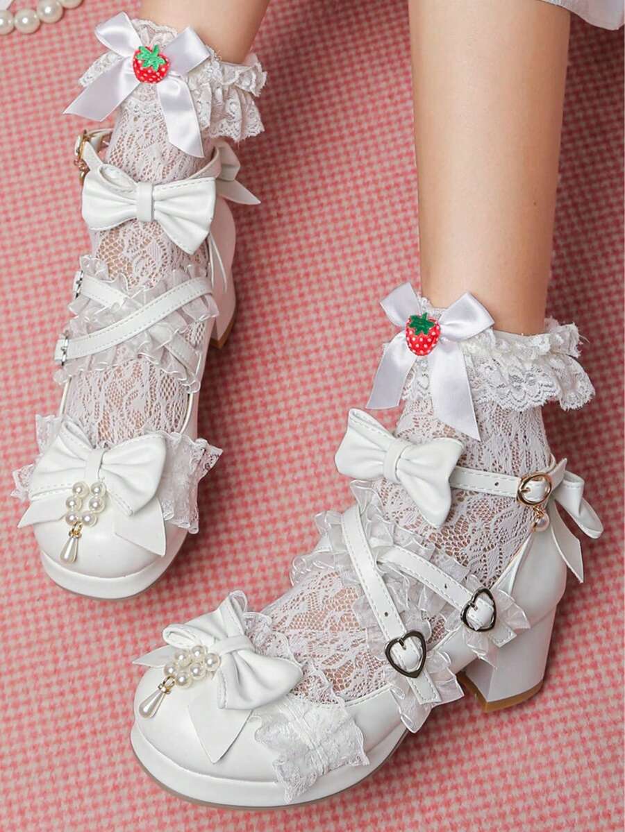 Women's Kawaii Shoes Cross Strap Pumps Cute Ankle Strap Mary Jane Shoes Wedding Lace Mid Chunky Heel Pumps - trắng - Xem 1