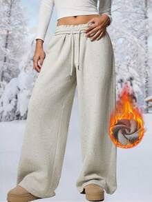 秋冬新款保暖内衬厚款休闲百搭高腰松紧腰宽松阔腿运动裤 - 灰色 - 查看 2