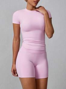 Conjunto deportivo de mujer de unicolor simple con pantalones cortos y mangas cortas - Rosa - Ver 5