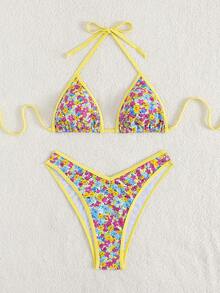 New Summer Women's Yellow Drawn Edge Small Floral Print Back Knot Tie Sexy Holiday Bikini Set - Multicolor - View 3