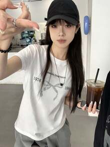 2025 Spring/Summer White Bow Cotton Short Sleeve T-Shirt - White - View 1