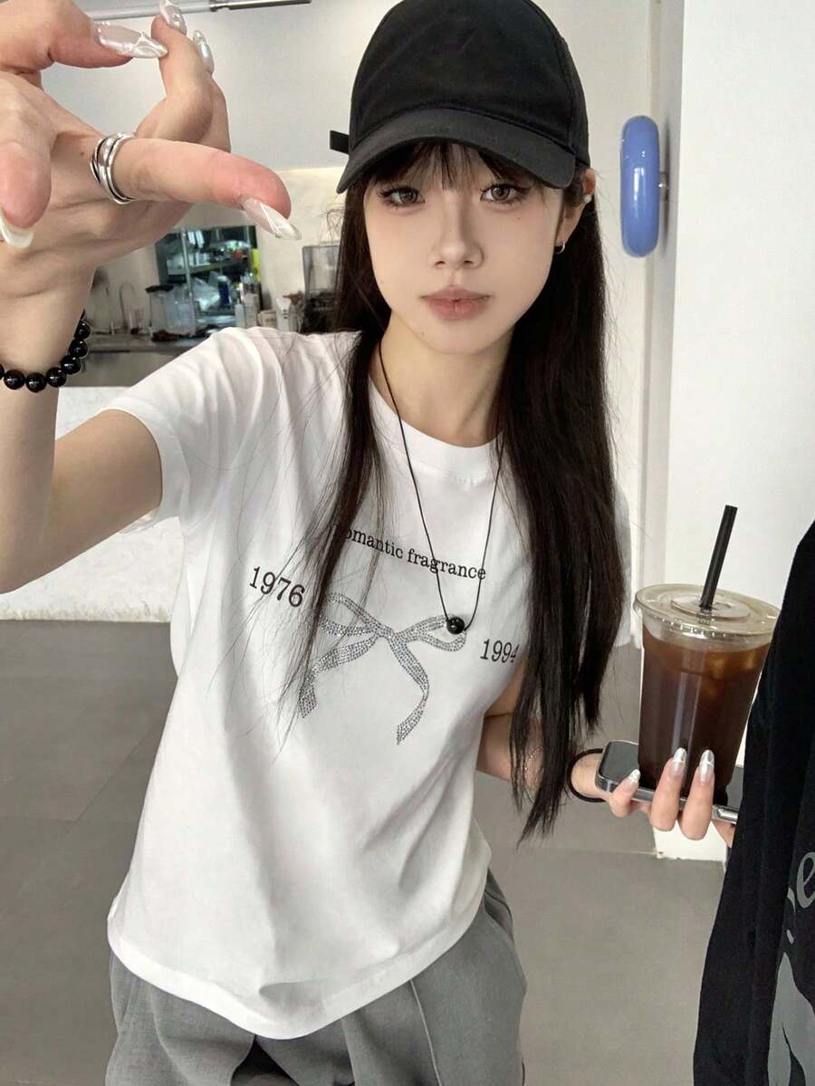 2025 Spring/Summer White Bow Cotton Short Sleeve T-Shirt - White - View 1