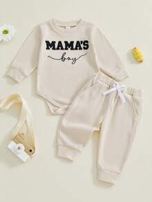 Newborn Baby Boys Outfit Waffle Knit Long Sleeve Mama's Boy Embroidery Sweatshirt Top Pants Set Infant Bodysuit Fall Winter Clothes - 卡其色 - 查看 6