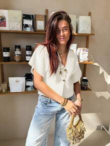 女款優雅針織開襟衫，V領短袖聚酯纖維混紡時尚休閒極簡百搭開襟衫，適合四季日常通勤，白色 - 白色 - 查看 3