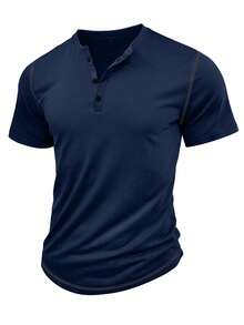 Bộ đồ nam 100% cotton gồm áo thun cổ Henley tay ngắn và quần short in họa tiết, thích hợp cho du lịch, nghỉ dưỡng và cắm trại ngoài trời. - Màu xanh hải quân - Xem 4