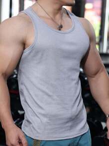 男士紧身针织健身服高弹力美式纯色无袖无底背心运动T恤