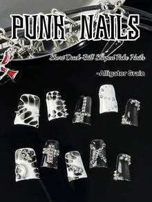 原创设计，手工制作，10 片朋克风格指甲，矩形假指甲（长杏仁形），短方形假指甲，鳄鱼纹理的完美融合让您成为独特的朋克女孩，带有重金属纹理铆钉元素和巧妙的设计，在您的手上佩戴两种类型的盔甲，适合女性和女孩在日常节日派对上佩戴，提升您的外观，压指甲，礼盒包装，情人节礼物，朋友礼物美甲用品指甲