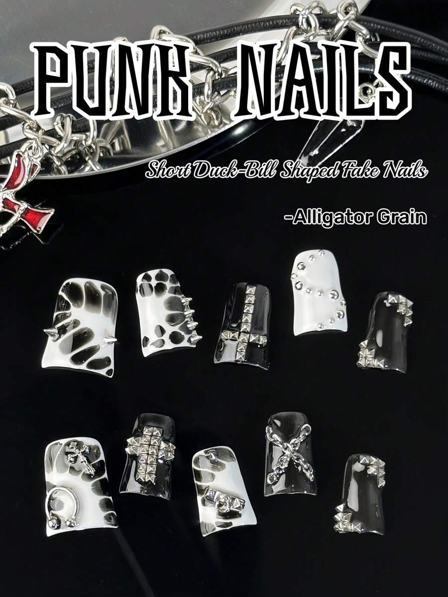 原创设计，手工制作，10 片朋克风格指甲，矩形假指甲（长杏仁形），短方形假指甲，鳄鱼纹理的完美融合让您成为独特的朋克女孩，带有重金属纹理铆钉元素和巧妙的设计，在您的手上佩戴两种类型的盔甲，适合女性和女孩在日常节日派对上佩戴，提升您的外观，压指甲，礼盒包装，情人节礼物，朋友礼物美甲用品指甲
