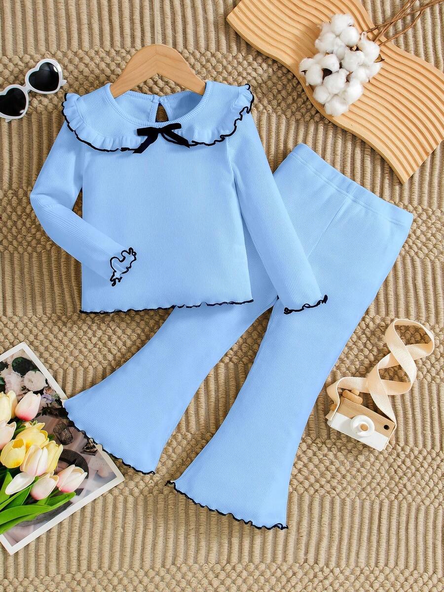 Girls Casual Elegant White Knitted Long Sleeve Top And Flared Pants Set. Refined And Minimalist White Design With Bow Accent, Flare Leg Silhouette, Comfortable And Clean Yet Graceful. Suitable For Daily Wear And Outings, Spring/Autumn - Blue - View 1