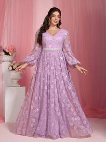 Elisanya Anpoket Romantic Plus Size Purple Prom Dress With Bishop Sleeves Deep V Neck And Pearl Details
