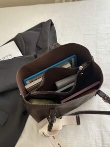 女士多功能纯色手提包，PU 皮革多隔层单肩包，配有丝巾装饰，轻便大容量手提包，适合日常办公使用，时尚防水耐用方形手提包，母亲节的绝佳礼物。 - 咖啡 - 查看 6