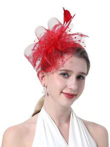 1 Pc Fascinators Hat For Women Tea Party Headband Mesh Ribbons Kentucky Derby Hats For Girls And Women, Tiny Hats, Mini Fascinator, Mini Top Hat, Mini Cap, Autumn, Rave, Halloween Accessories, Bride To Be, Gifts, Wedding, Hair Accessories, Gala Night - Red - View 2