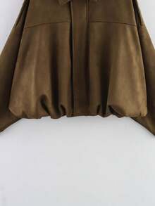 SHIBASHAN Women Fashion Suede Bomber Jacket Vintage Turn-Down Collar Long Sleeve Loose Zipper Coat Loose Outerwear - màu nâu - Xem 5