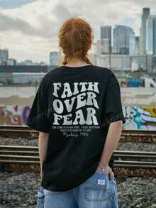 180g Faith Over Fear Christian Graphic-Shirt |   Women's Casual Vacation Bible Verse Tee |   Summer Round Neck Short Sleeve Top Summer-Shirt Women Casual Loose Top Letter Print Tee - 黑色 - 查看 1