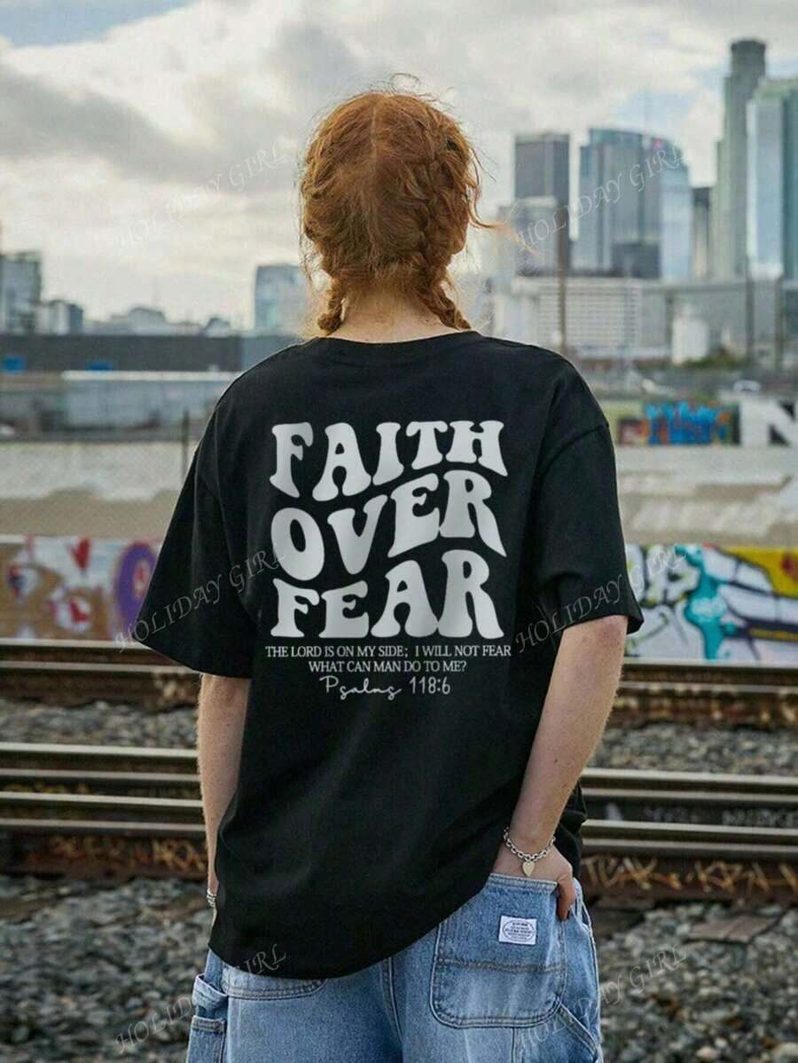 180g Faith Over Fear Christian Graphic-Shirt |   Women's Casual Vacation Bible Verse Tee |   Summer Round Neck Short Sleeve Top Summer-Shirt Women Casual Loose Top Letter Print Tee - 黑色 - 查看 1