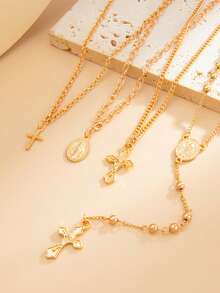 Set de 4 piezas Collar con colgante de metal en forma de cruz sexy, Collar gargantilla elegante en forma de Y con cuentas de perlas en capas, Adecuado para fiesta, regalo, ir al trabajo, uso diario