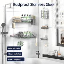Shower Caddy Adhesive Shower Organizer 7-Pack, Rustproof Stainless Steel Bathroom Shelves, Large Capacity No-Drill Rack Storage Accessories With Soap Dish Toothbrush Holder &24 Hooks Home Decor - 灰色 - 查看 5