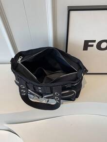 SLIN&LXZQ Vintage Large Capacity Tote Bag, Hot Girls Cool Punk Y2K Shoulder Bag, Women's Rivet Embellished Crossbody & Handbags, Versatile Multiple Pockets Solid Color Outdoor Travel Satchel Bag, Casual Daily Commuter Messenger Shopping Bags - Black - View 3