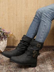 秋冬新款女式黑色保暖靴，时尚圆头软皮马靴，西式侧拉链靴 - 黑色 - 查看 3