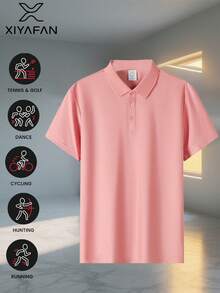 Men's Gift Summer Pink Solid Short Sleeve Polo Shirt Sports - Pink - View 3