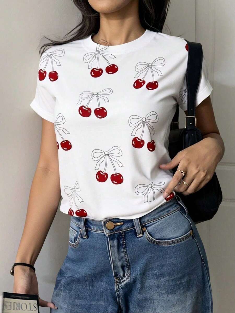 CAMISETA DE DAMA CUELLO REDONDO CON DISEÑO PATRON DE CEREZAS IDEAL PARA GYM Y LA MODA CASUAL - Blanco - Ver 1