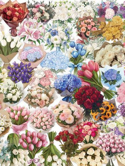 50pcs Reusable Transparent Stickers With Floral Bouquet Pattern, Suitable For Luggage, Laptop, Scrapbook, Holiday Decoration